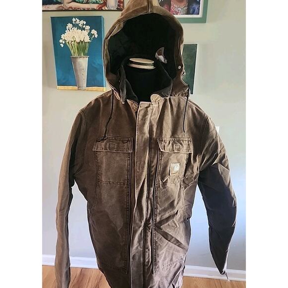 Vtg Mens Carhartt Quilted Coat Brown W/Hood Sz Large Tall C26 CHT Made in USA - Picture 1 of 10